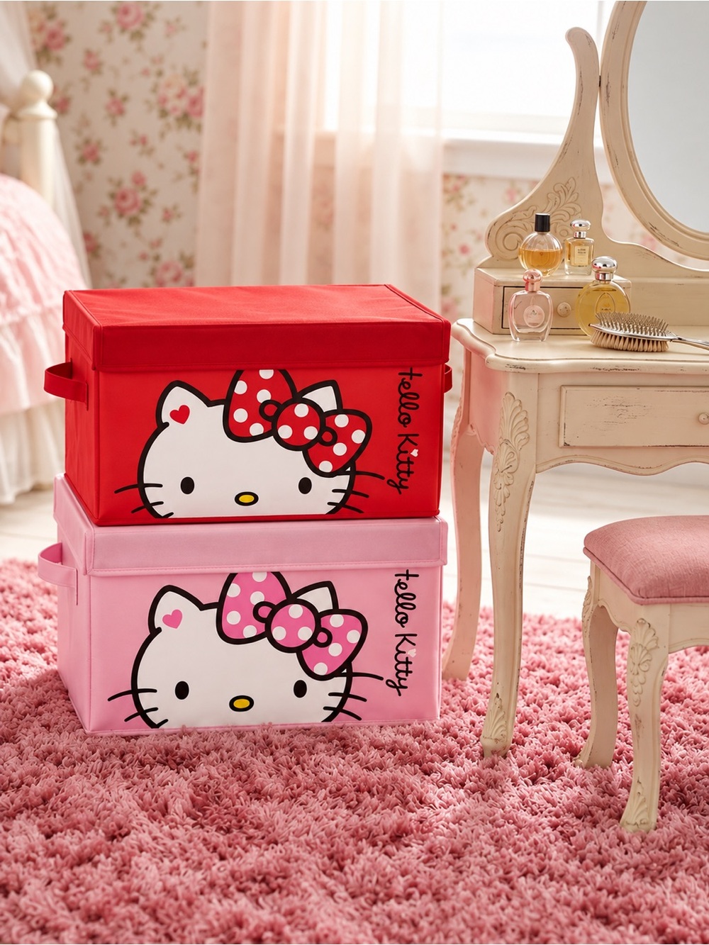 Hello Kitty Large Fabric Storage Box Foldable Organizer With Lid.